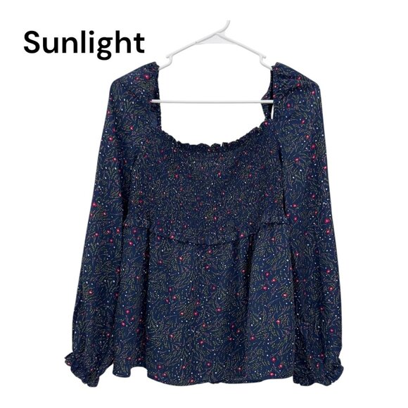Umgee Womens Floral Print Long Sleeve Smocked Front Peasant Top Navy & Pink SZ M - Picture 1 of 9